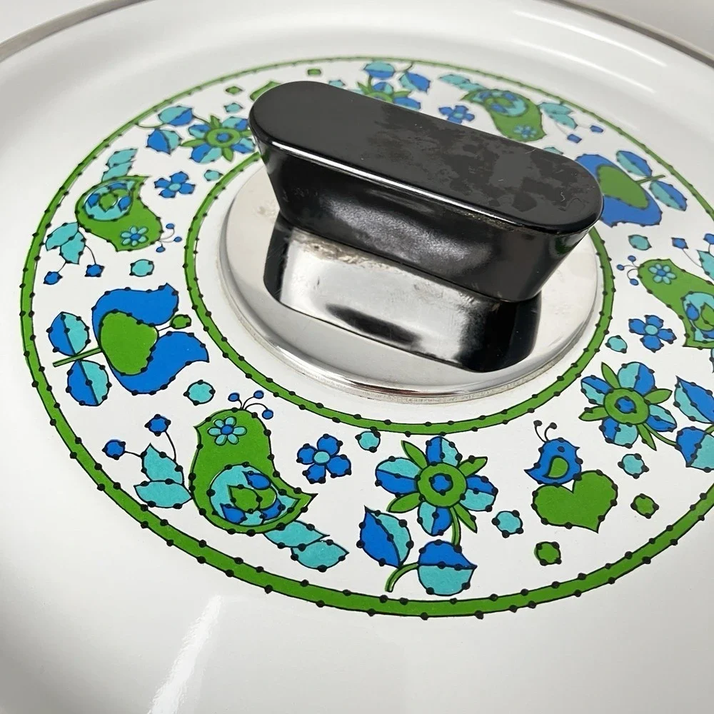 Vintage Fancipans Enamel Saucepan Lid Green Blue Bird Folk Art 1970s Retro Kitch